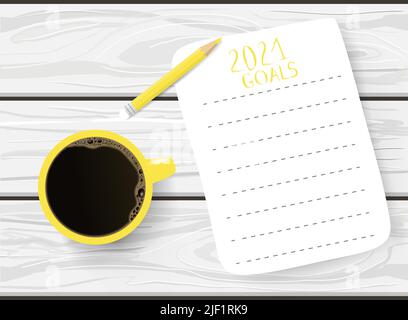 Hand drawn Mockup of New Year goals and resolutions. Flat lay with trendy yellow and  grey colors Stock Vector