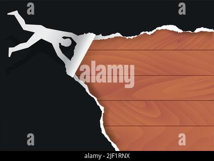 Flying man tearing paper with a hardwood floor, funny promotion background. Illustration of torn  paper male silhouette and wood structure. Stock Vector