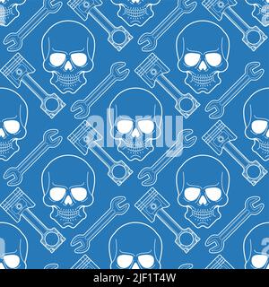 Skull and Engine piston pattern seamless. motorcycle pistons background. Car workshop texture Stock Vector