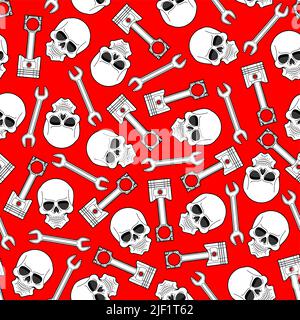 Skull and Engine piston pattern seamless. motorcycle pistons background. Car workshop texture Stock Vector