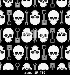 Skull and Engine piston pattern seamless. motorcycle pistons background. Car workshop texture Stock Vector