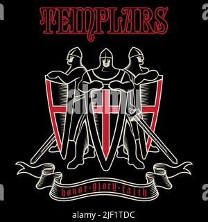 Knightly design. Three Warrior Knight Templar with swords and shields Stock Vector