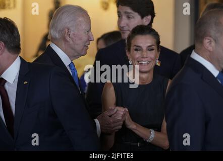 Madrid, Spain. 28th June, 2022. President Joe Biden (L) speaks with Spain's Queen Letizia before a gala dinner at the Royal Palace ahead of the upcoming NATO Summit, in Madrid, Spain, June 28, 2022. Spain will host a two-day NATO summit starting June 29. Photo by Paul Hanna/UPI Credit: UPI/Alamy Live News Stock Photo