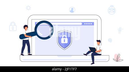 Data protection Network security tiny people character concept Flat vector Illustration Back up and save important data Privacy and internet security Stock Vector