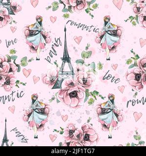 Eiffel Tower with anemone flowers, eucalyptus twigs and Parisian. Watercolor illustration in sketch style with graphic elements. Seamless pattern from Stock Photo