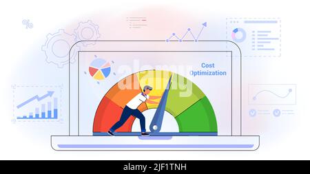 Cost optimization Idea balance Costs reduction strategy concept Isolated flat vector illustration web banner, landing page Marketing campaign manageme Stock Vector