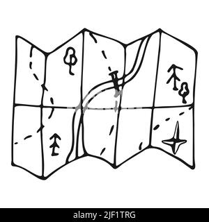 Paper folded map in doodle style for camping, hiking. Treasure map hand drawn icon. Vector illustration. Stock Vector