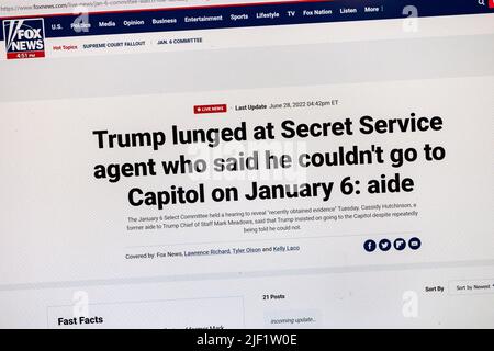 'Trump lunged at Secret Service...' headline on Fox News website with breaking news of the 6th January Committee, 28th June 2022. Stock Photo