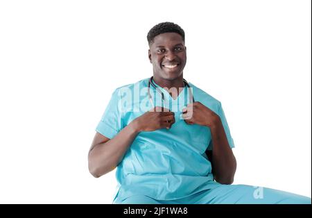 portrait of an African-American doctor in a turquoise uniform Stock Photo