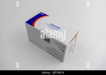 Seattle, WA USA - circa June 2022: Angled view of Paxlovid medication against a white background. Stock Photo