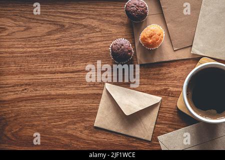 Vintage composition with envelopes on wooden background, flat lay. Stock Photo