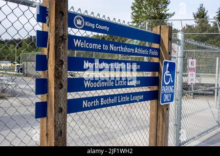 Woodinville, WA USA - circa May 2022: Angled view of the entrance sign to Northshore Athletic Fields. Stock Photo