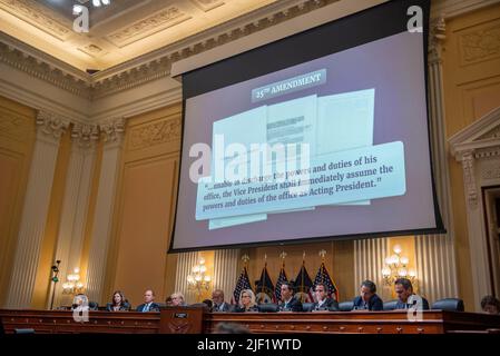 A video is shown on day six of the United States House Select Committee to Investigate the January 6th Attack on the US Capitol hearing on Capitol Hill in Washington, DC on June 28, 2022. Credit: Rod Lamkey/CNP