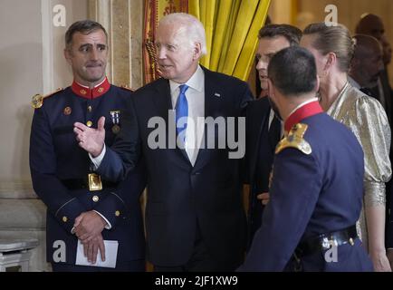 Madrid, Spain. 28th June, 2022. President Joe Biden and other leaders talk before a gala dinner at the Royal Palace ahead of the upcoming NATO Summit, in Madrid, Spain, Tuesday, June 28, 2022. Spain will host a two-day NATO summit starting June 29. Photo by Paul Hanna/UPI Credit: UPI/Alamy Live News Stock Photo