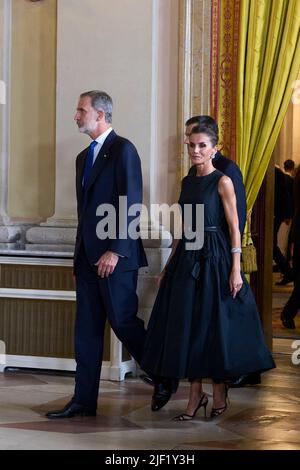 Madrid. Spain. 20220628,  King Felipe VI of Spain, Queen Letizia of Spain, Pedro Sanchez, Prime Minister attend Gala Diner to the Heads of State during the 32nd NATO Summit at Royal Palace on June 28, 2022 in Madrid, Spain Stock Photo