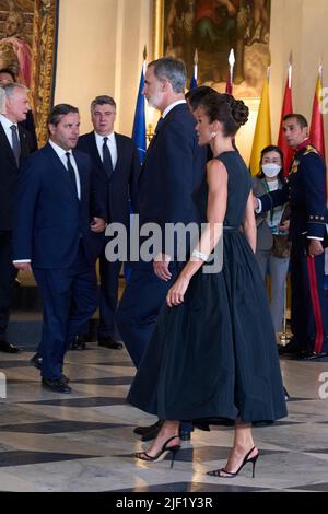 Madrid. Spain. 20220628,  King Felipe VI of Spain, Queen Letizia of Spain, Pedro Sanchez, Prime Minister attend Gala Diner to the Heads of State during the 32nd NATO Summit at Royal Palace on June 28, 2022 in Madrid, Spain Stock Photo