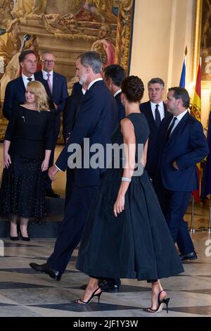 Madrid. Spain. 20220628,  King Felipe VI of Spain, Queen Letizia of Spain, Pedro Sanchez, Prime Minister attend Gala Diner to the Heads of State during the 32nd NATO Summit at Royal Palace on June 28, 2022 in Madrid, Spain Stock Photo