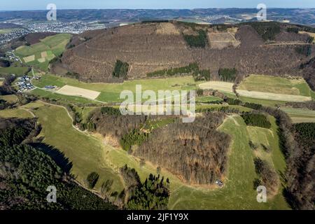 Aerial view, Vogelsang mountain with hiking trail, Heggen, Meschede town, Meschede, Sauerland, North Rhine-Westphalia, Germany, DE, Europe, aerial pho Stock Photo