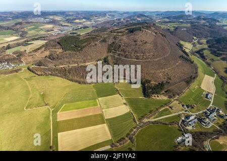 Aerial view, Vogelsang mountain with hiking trail, Heggen, Meschede town, Meschede, Sauerland, North Rhine-Westphalia, Germany, DE, Europe, aerial pho Stock Photo