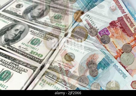 Dollars and Russian rubles in cash Stock Photo