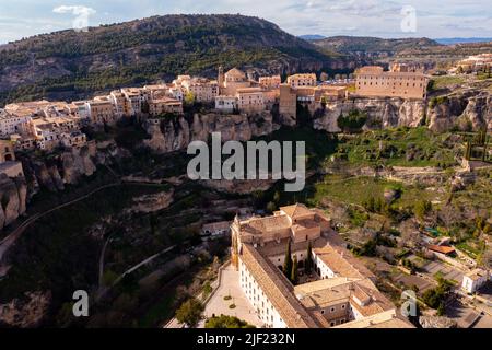 Drone view of Spanish city of Cuenca on rocky ledge Stock Photo