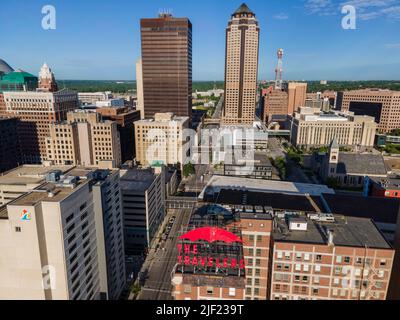 Aerial photograph of Des Moines, Iowa, USA, on a beautiful summer morning. Stock Photo