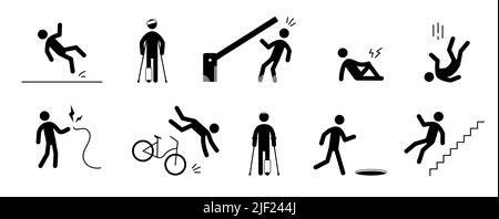 Accident pictogram man icon. Bike falling, injury leg, gate danger pictogram sign set. Warning, danger icon stick man vector illustration. Stock Vector