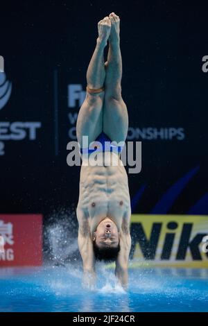 Budapest, Hungary. 28th June, 2022. Cao Yuan of China competes during the men's 3m springboard final of diving at the 19th FINA World Championships in Budapest, Hungary, June 28, 2022. Credit: Attila Volgyi/Xinhua/Alamy Live News Stock Photo