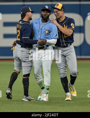 Milwaukee Brewers' Willy Adames, right, celebrates after his base hit  during the eighth inning of a baseball game against the Toronto Blue Jays,  Sunday, June 26, 2022, in Milwaukee. (AP Photo/Kenny Yoo