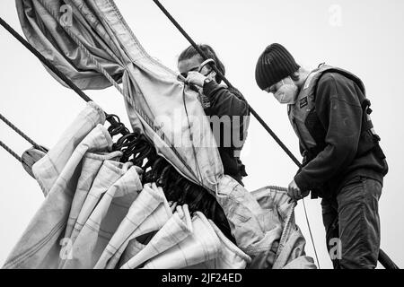 Training of crew members of the schooner Bluenose II in Lunenburg, Nova Scotia, Canada. Stock Photo