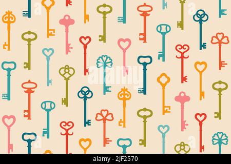 Key silhouette colorful seamless pattern. Retro private access symbol locking and encryption. Old keys boundless fabric or wallpaper vintage packaging. Vector simple repeat background scrapbook Stock Vector