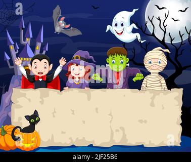 Group of kids wearing halloween costumes with blank sign Stock Vector