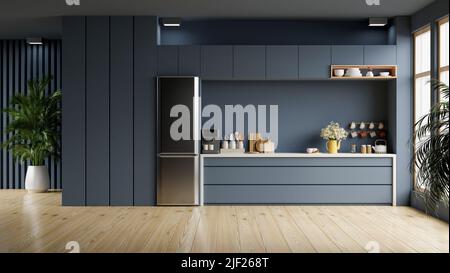Modern style kitchen interior design with dark blue wall.3d rendering Stock Photo