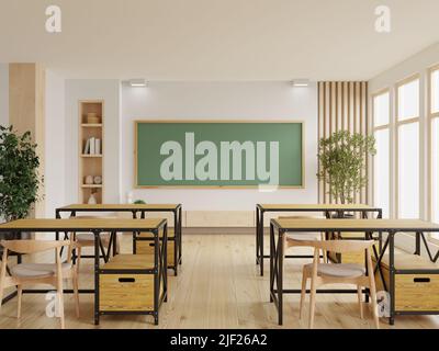 Classroom with school desks and greenboard,empty school classroom.3d rendering Stock Photo
