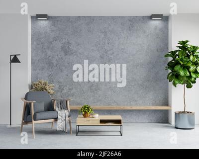Living room interior in loft style house on concrete wall background.3d rendering Stock Photo