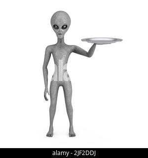 Empty Silver Tray in Hand of Scary Gray Humanoid Alien on a white background. 3d Rendering Stock Photo