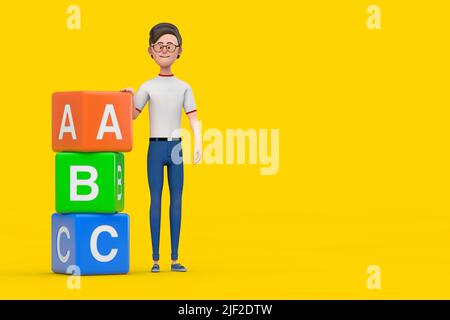 Cartoon Character Person Man with Alphabet ABC Education Cubes on a yellow background. 3d Rendering Stock Photo