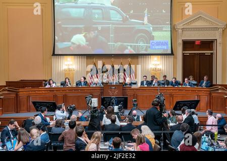 Washington, US, June 28, 2022, A video of President Trump’s motorcade leaving the January 6th rally on the Ellipse is displayed as Cassidy Hutchinson, former Special Assistant to President Trump, testifies during the sixth public hearing by the House Select Committee to Investigate the January 6th Attack on the U.S. Capitol, on Capitol Hill in Washington, DC, June 28, 2022. Unlike several previous hearings, this hearing was announced only 24 hours in advance. Cassidy Hutchinson, top aide to former White House chief of staff Mark Meadows was a young, fast-rising star in the Trump administration