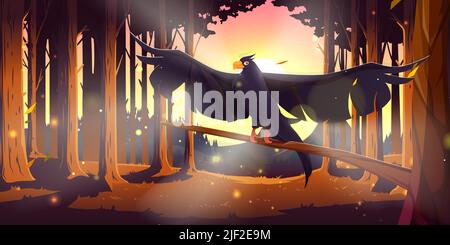 Coniferous forest with black raven on branch at sunset. Vector cartoon illustration of woods landscape with pine trees, flying wild crow, sun in sky and mountains on horizon Stock Vector