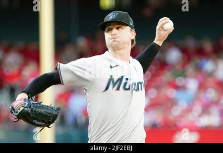 St. Louis, United States. 29th June, 2022. Miami Marlins Starting Pitcher Braxton Garrett delivers a pitch to the St. Louis Cardinals in the first inning at Busch Stadium in St. Louis on Tuesday, June 28, 2022. Photo by Bill Greenblatt/UPI Credit: UPI/Alamy Live News Stock Photo