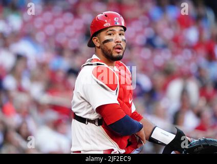 St. Louis, United States. 29th June, 2022. St. Louis Cardinals Catcher Ivan Herrera looks to his dugout before the start of the second inning against the Miami Marlins at Busch Stadium in St. Louis on Tuesday, June 28, 2022. Photo by Bill Greenblatt/UPI Credit: UPI/Alamy Live News Stock Photo