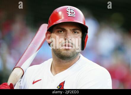 St. Louis, United States. 29th June, 2022. St. Louis Cardinals Juan Yepez waits on deck to bat against the Miami Marlins in the fourth inning at Busch Stadium in St. Louis on Tuesday, June 28, 2022. Photo by Bill Greenblatt/UPI Credit: UPI/Alamy Live News Stock Photo