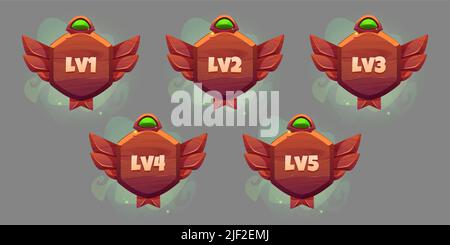Game level ui icons, wooden shields or banners with wings and magic ...