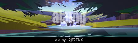 Waterfall cascade in forest cartoon landscape. Panoramic background with river stream flowing from rocks to creek or lake under tree branches. Water jet in park or garden Vector illustration Stock Vector