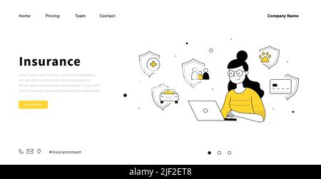 Insurance service doodle landing page. Woman with laptop choose safety policy for health, life, property, family or pets protection, outline icons. Secure assurance Linear vector illustration Stock Vector