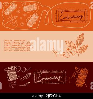 Set of horizontal banners for embroidery and sewing. Thread, needles, embroidery. Creative fashion concept for business. Embroidery banners with hand- Stock Vector