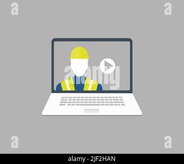 Technician people working in heavy industry manufacturing factory, Video, Safety, safety videos logo design. Industrial machinery and check security. Stock Vector