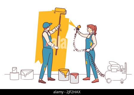 Couple designers paint wall involved in housing renovation. People renovate redecorate apartment. Interior design and decoration. Flat vector illustration. Stock Vector