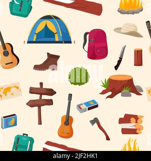 Camping and hiking seamless pattern. Summer camp travel tools collection for survival in wild, tent, backpack, map, axe, campfire and other camping eq Stock Vector