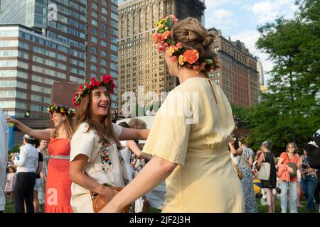 Since 1996, thousands of people have come to Battery Park City in Lower Manhattan for the Swedish Midsummer Festival. Stock Photo